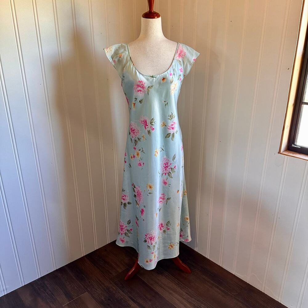 Vintage 90s Oscar de la Renta Blue Floral Maxi Slip Dress S